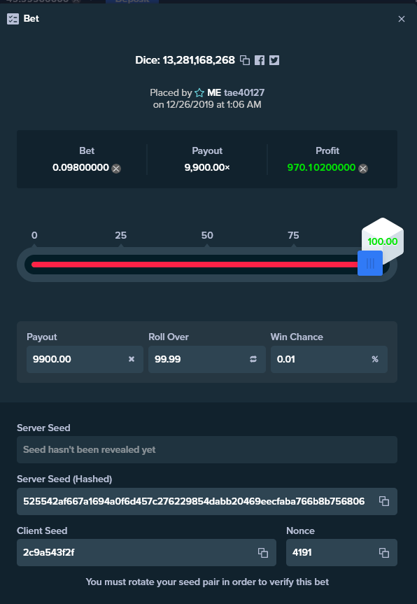 Screenshot af Stake dice spilinterface