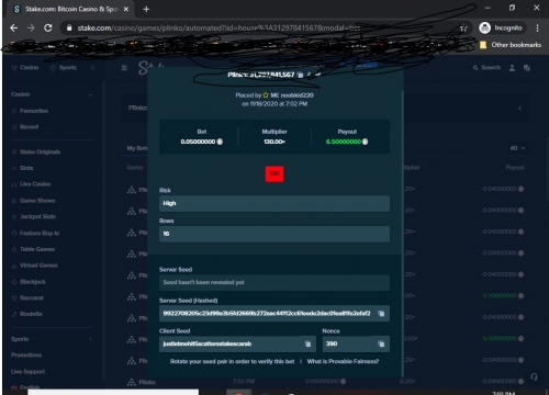 2nd 130x Plinko hit on stakecasino with 0.05ltc bet november18 2020 705pm.JPG