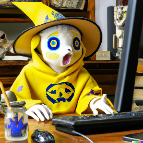 DALL·E 2023-01-17 03.45.16 - photo of a  pikachu wizard sitting at a computer desk ,  a human wizard being shocked by pikachu with skeleton face.png
