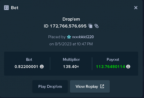 138x win on dropem with 0.60 USD bet in EOS Aug 5 2023 1048pm.png
