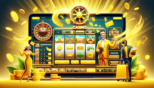 DALL·E 2024-04-27 15.36.52 - A digital illustration of an online casino interface themed in yellow, symbolizing luck and prosperity. The screen displays a variety of casino games .png
