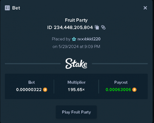195x win on fruit party with 322 sats BTC bet May 29th 2024 911pm.png