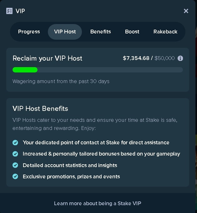 Interface des promotions Vip stake montrant les codes bonus
