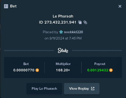 168x win on le pharoah with 0.20 CAD BTC bet Sept 11th 2024 748pm.png
