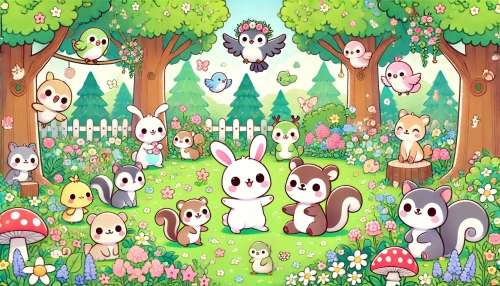 DALL·E 2024-10-04 21.44.08 - A cute anime-style illustration featuring a variety of adorable animals in a whimsical forest. The scene should include animals like rabbits, squirrel.webp