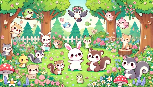 DALL·E 2024-10-04 21.44.08 - A cute anime-style illustration featuring a variety of adorable animals in a whimsical forest. The scene should include animals like rabbits, squirrel.webp
