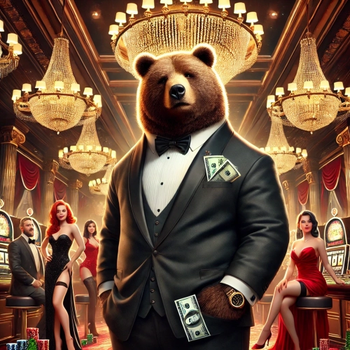 DALL·E 2025-02-21 00.11.37 - A large bear dressed in a sharp black tuxedo stands confidently in the center of a luxurious casino. His pockets are stuffed with cash, and he holds a.webp