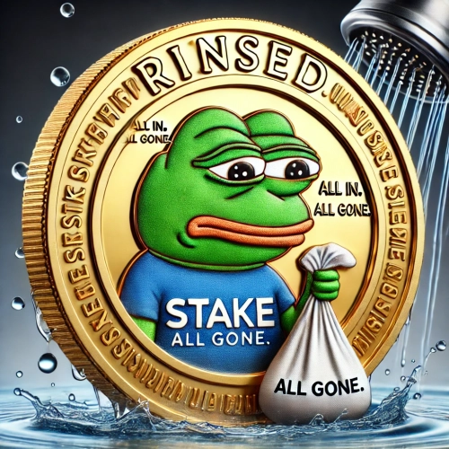 DALL·E 2025-03-22 06.18.34 - A satirical cryptocurrency coin labeled 'RINSED' with a glossy gold finish. The Stake logo is faintly visible in the background, fading out. A sad Pep.webp