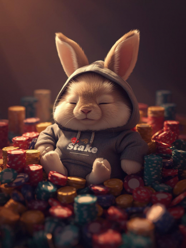 A sleepy bunny resting on casino chips, cozy lighting, soft shadows, peaceful and cute mood, wearing Stake hoodie, warm color palette.jpg